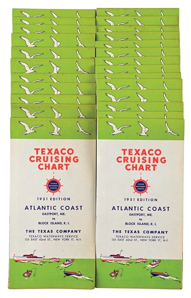 COLLECTION OF 25: NEW OLD STOCK 1951 TEXACO CRUISING CHART MAPS W/ MARINE GRAPHICS. 