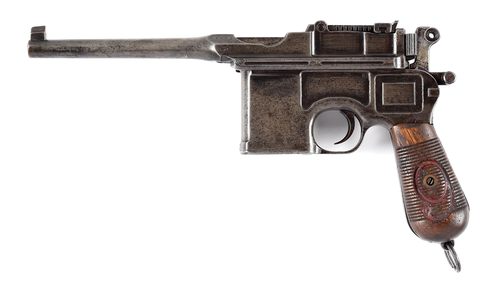 (C) A SCARCE MAUSER C96 RED 9 SEMI AUTOMATIC PISTOL WITH STOCK, ALL MATCHING NUMBERS.