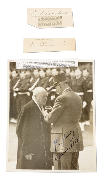 LOT OF 3: 2 NEVILLE CHAMBERLAIN SIGNATURES AND PHOTO SIGNED BY CHARLES DE GAULLE.