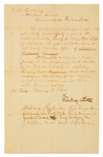 LINCOLN FORWARDS A RECOMMENDATION FOR MEDICAL INSPECTOR GENERAL TO THE SEC. OF WAR