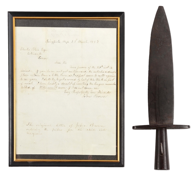 JOHN BROWN ORDERS HIS PIKES! SIGNED AUTOGRAPH LETTER TO JOHN BLAIR! WITH A PIKE HEAD, EX-LATTIMER.