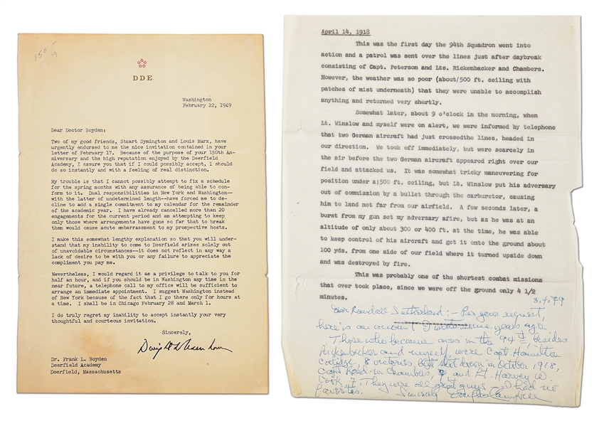 LOT OF 2: DWIGHT D. EISENHOWER SIGNED LETTER AND LETTER RELATED TO EDDIE RICKENBACKERS WINGMAN.