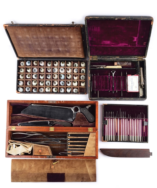 CIVIL WAR PERIOD MEDICAL OUTFIT INCLUDING A MEDICAL AMPUTATION SET, OPTHAMOLOGY SET, AND OP AND 49 GLASS EYEBALLS.