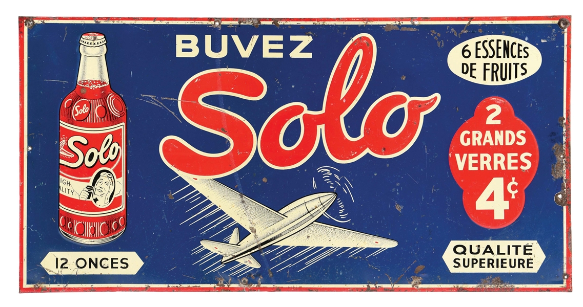 BUEVEZ SOLO EMBOSSED TIN SIGN W/ AIRPLANE GRAPHIC.
