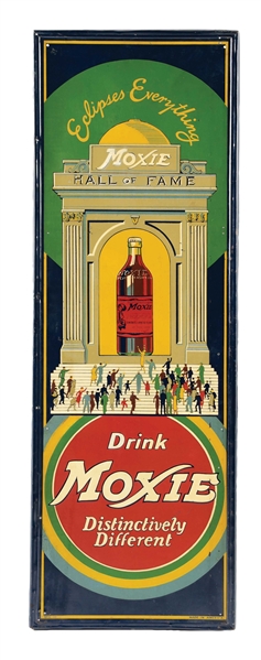 MOXIE "HALL OF FAME" SELF-FRAMED TIN SIGN W/ BOTTLE GRAPHIC.