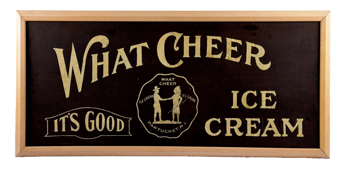 WHAT CHEER ICE CREAM FRAMED SIGN.
