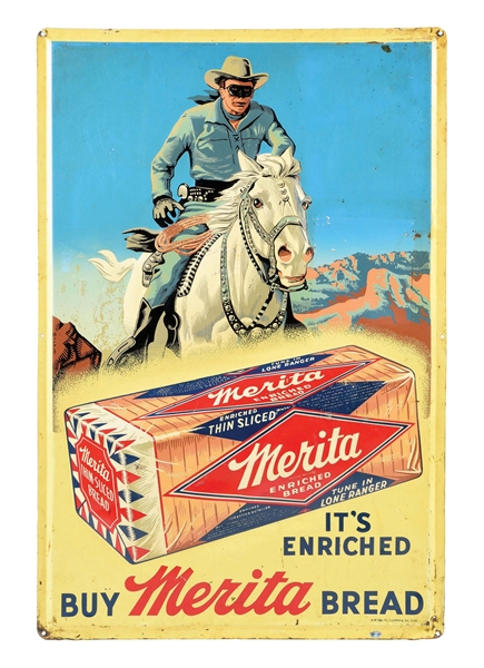 MERITA ENRICHED BREAD TIN SIGN W/ LONE RANGER GRAPHIC.