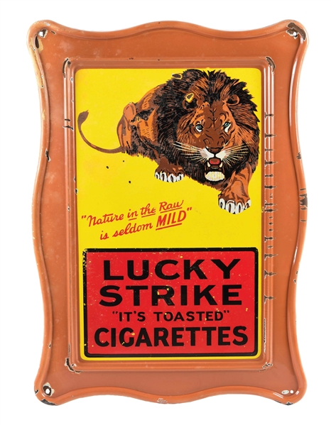SELF-FRAMED LUCKY STRIKES CIGARETTES SIGN W/ LION GRAPHIC. 