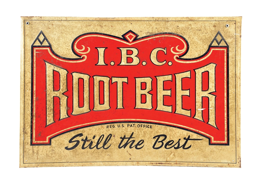 I.B.C. ROOT BEER SELF-FRAMED TIN SIGN.