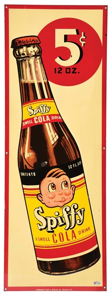 SPIFFY SWELL COLA EMBOSSED TIN SIGN W/ BOTTLE GRAPHIC & 5CENT LOGO.