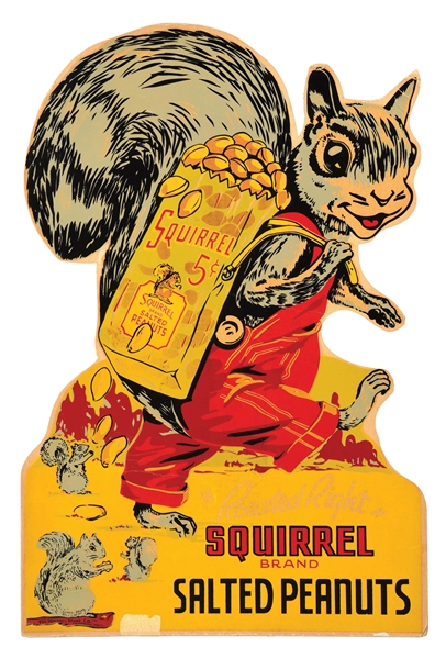 SQUIRREL BRAND SALTED PEANUTS SIGN W/ SQUIRREL GRAPHIC.