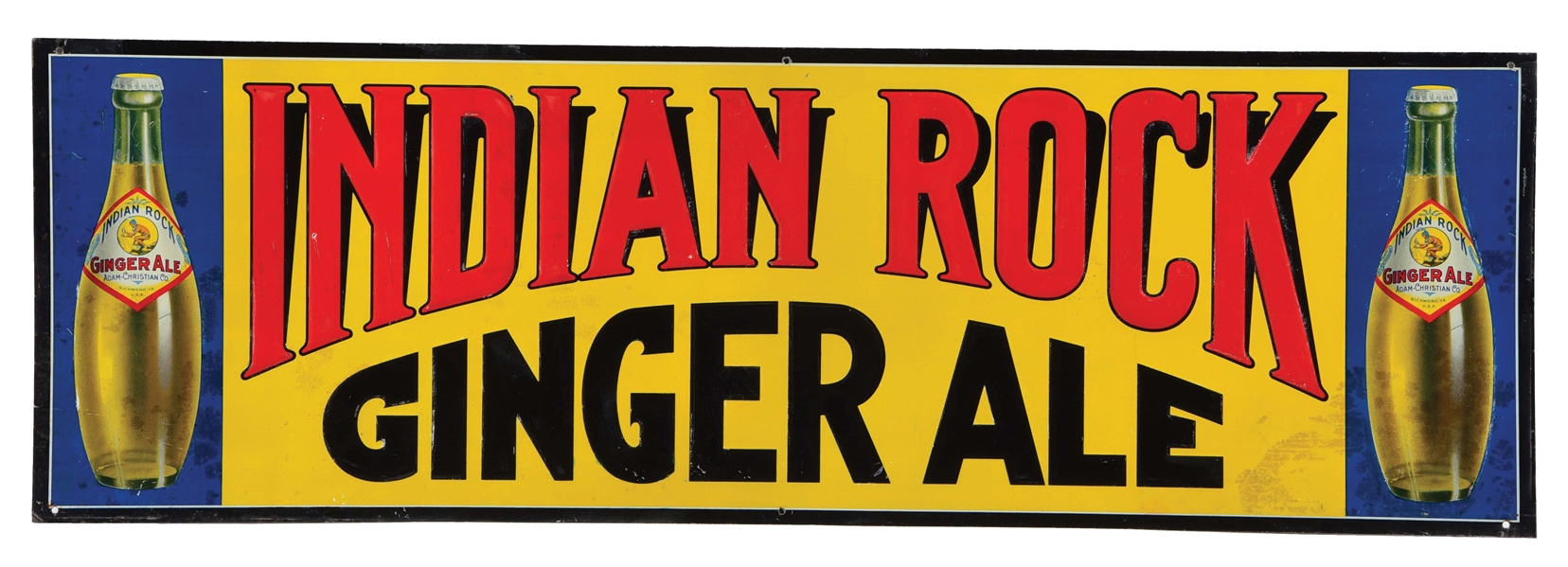 OUTSTANDING INDIAN ROCK GINGER ALE TIN SIGN W/ BOTTTLE GRAPHICS.