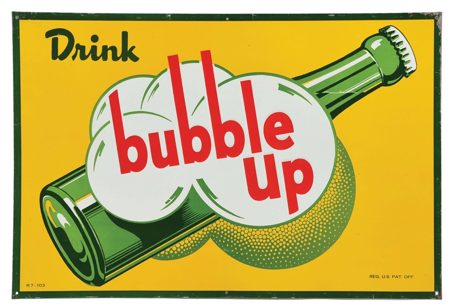 DRINK BUBBLE UP EMBOSSED TIN SIGN W/ BOTTLE GRAPHIC.