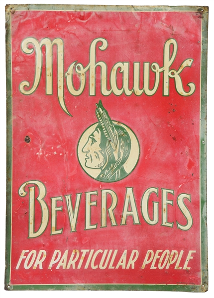 MOHAWK BEVERAGES EMBOSSED TIN SIGN W/ NATIVE AMERICAN GRAPHIC.