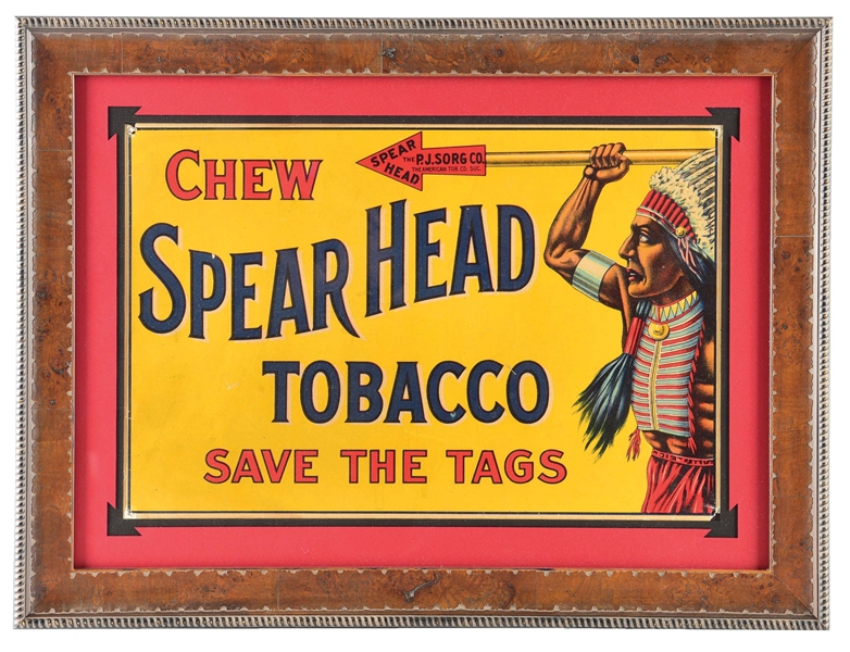 FRAMED CHEW SPEARHEAD TOBACCO CARDBOARD LITHOGRAPH W/ SPEAR GRAPHIC.