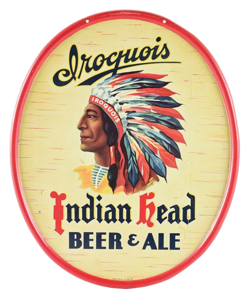 INDIAN HEAD BEER & ALE SELF-FRAMED TIN SIGN W/ NATIVE AMERICAN GRAPHIC.