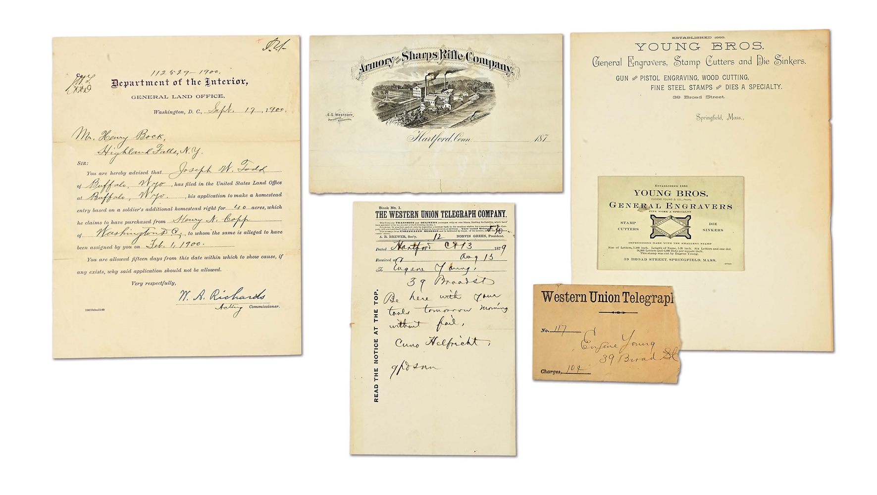 LOT OF DOCUMENTS PERTAINING TO YOUNG BROTHERS ENGRAVERS, ONE SIGNED BY CUNO HELFRICHT, AND A DEPARTMENT OF THE INTERIOR LAND DISPUTE DOCUMENT.