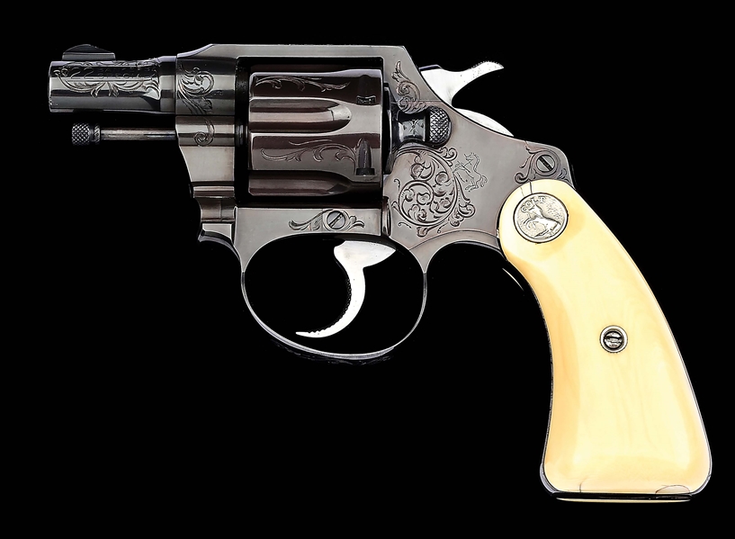 (C) SCARCE FACTORY ENGRAVED COLT BANKERS SPECIAL DOUBLE ACTION REVOLVER WITH STEER HEAD IVORY GRIPS AND FACTORY LETTER.