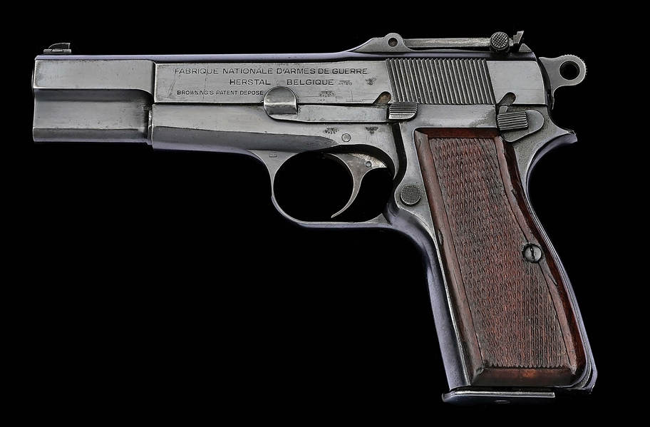 (C) HIGHLY DESIRABLE, HIGH CONDITION, GERMAN WORLD WAR II OCCUPATION SLOTTED FN HI POWER SEMI-AUTOMATIC PISTOL WITH HOLSTER & TANGENT SIGHT.