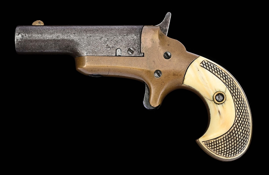 (A) COLT THIRD MODEL DERRINGER SINGLE SHOT PISTOL WITH CHECKERED IVORY GRIPS.