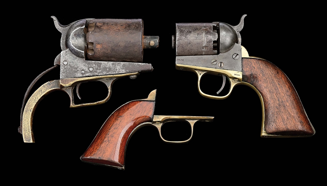 (A) LOT OF 3: 2 AVENGING ANGEL STYLE COLT PERCUSSION REVOLVERS, AND A COLT 1849 POCKET GRIP FRAME.