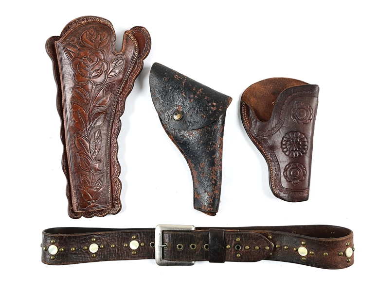 LOT OF 4: 3 HOLSTERS AND STUDDED WESTERN BELT.