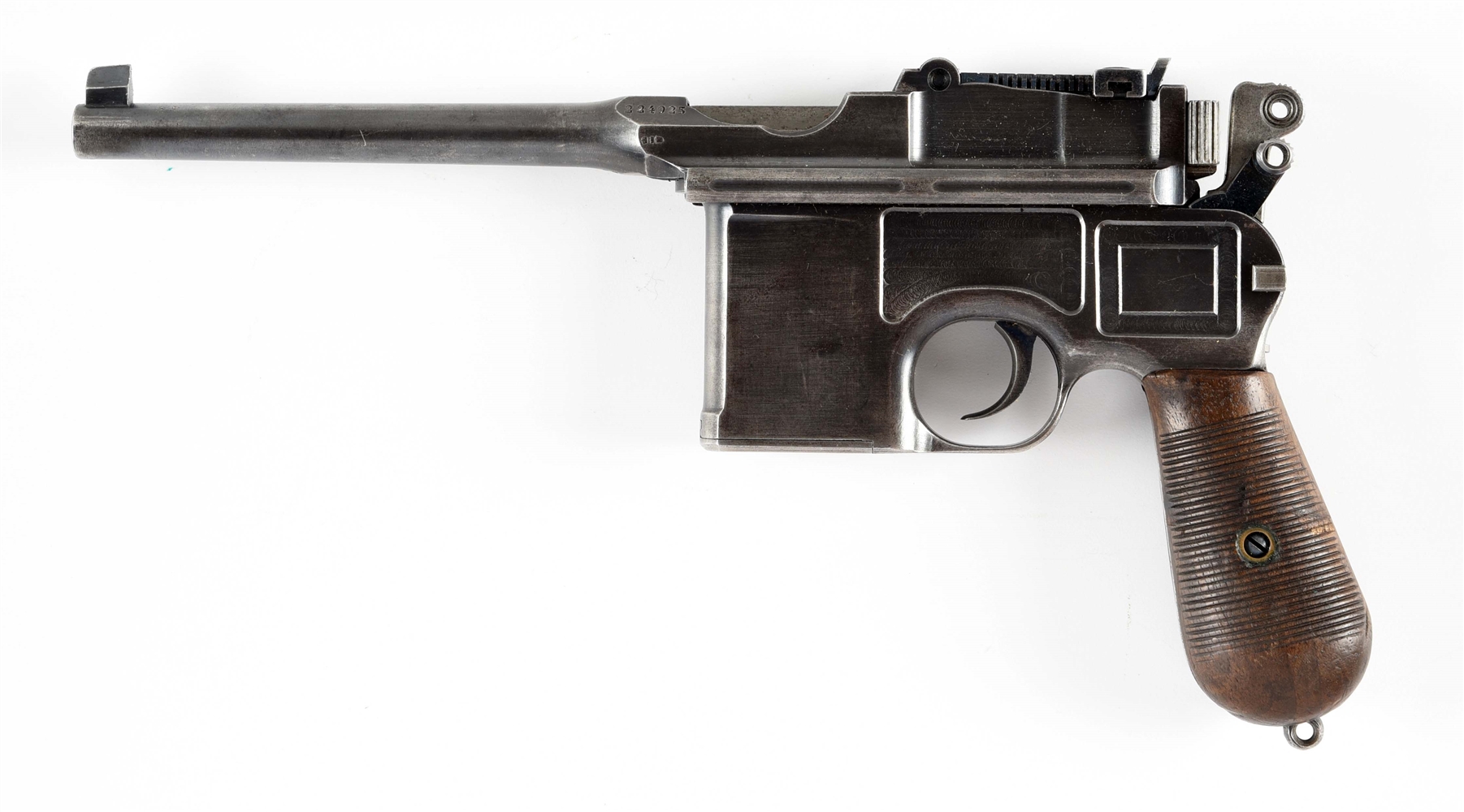 (C) MAUSER C96 SEMI-AUTOMATIC PISTOL WITH UNUSUAL STAMPING AND REPRODUCTION SHOULDER STOCK.