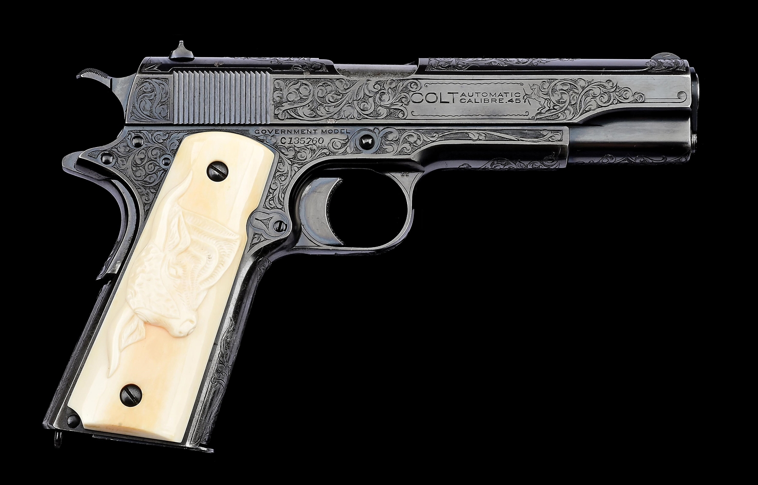 (C) A VERY RARE AND INTERESTING INTER-WAR PERIOD FACTORY ENGRAVED COLT GOVERNMENT MODEL 1911 .45 ACP SEMI AUTOMATIC PISTOL WITH BOX.
