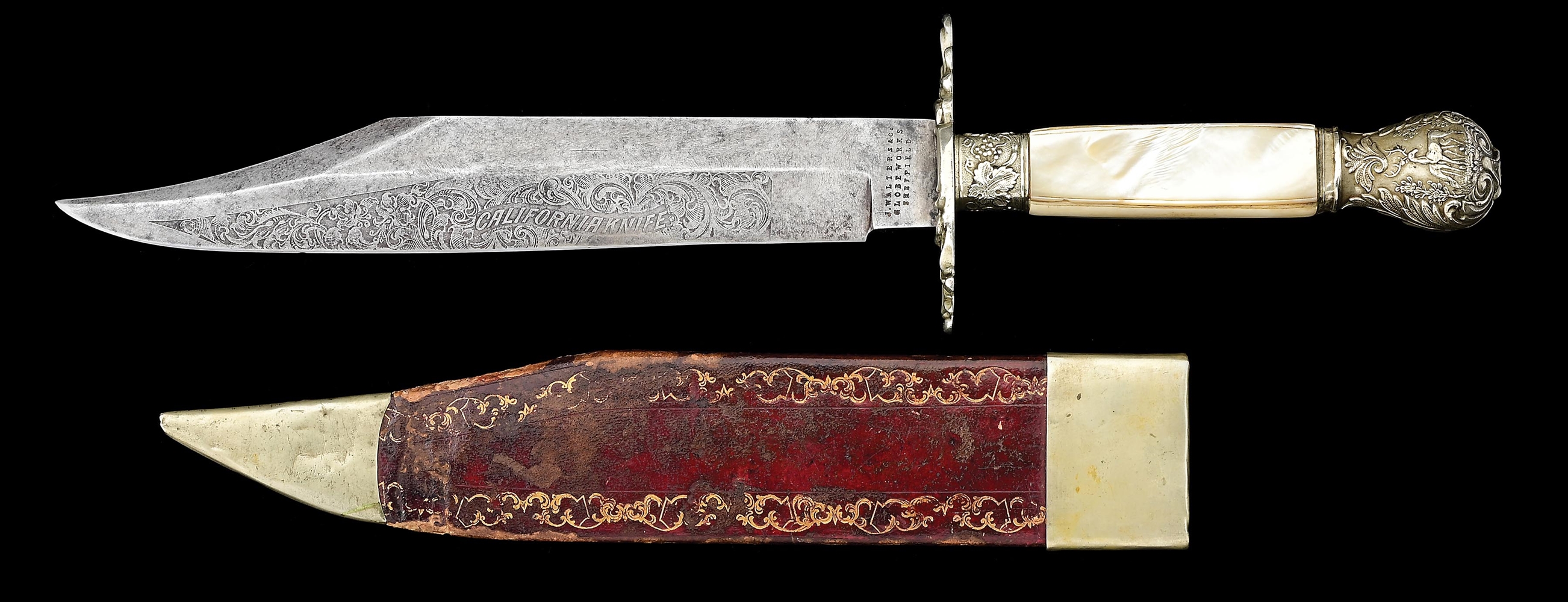 J. WALTERS & COMPANY SHEFFIELD CALIFORNIA BOWIE KNIFE WITH SILVER AND MOTHER OF PEARL GRIPS.