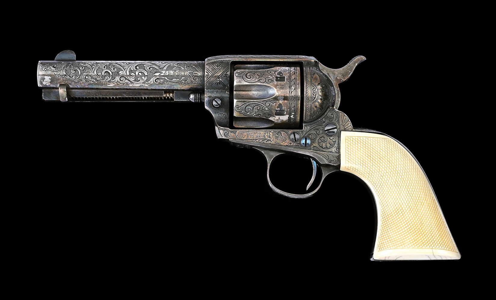 (C) HIGH CONDITION FACTORY SILVER PLATED AND ENGRAVED COLT SINGLE ACTION ARMY REVOLVER WITH FACTORY CHECKERED IVORY GRIPS.