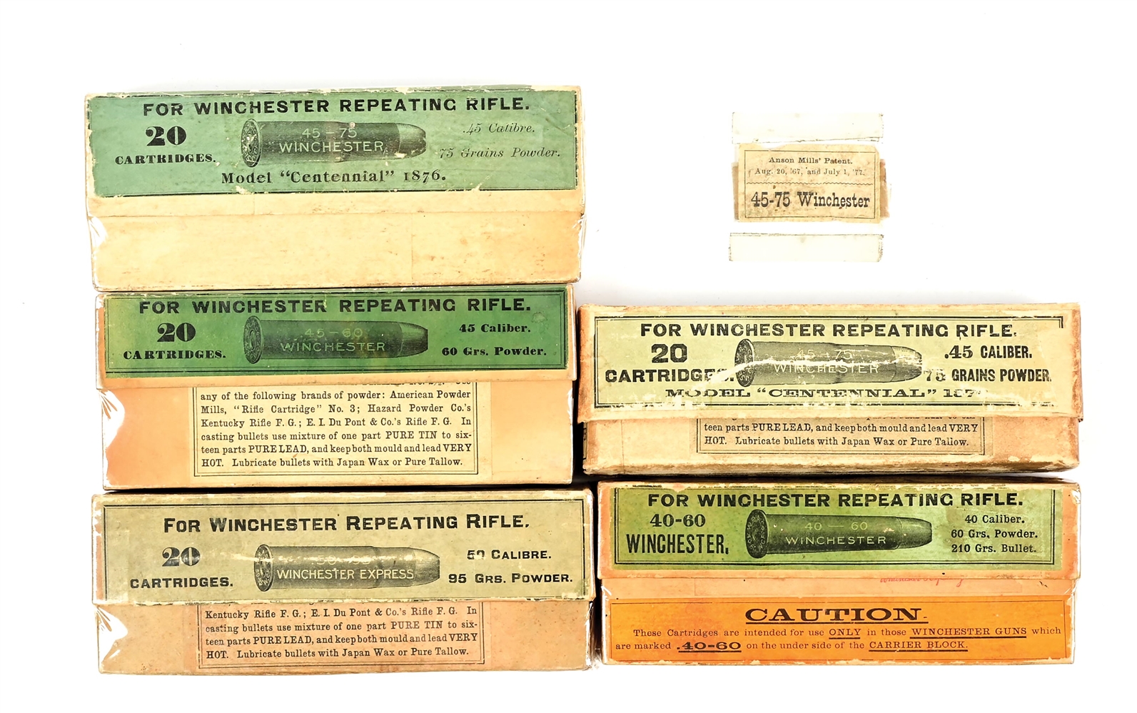 LOT OF 5: ANTIQUE BOXES OF WINCHESTER AMMUNITION FOR 1876 RIFLES.