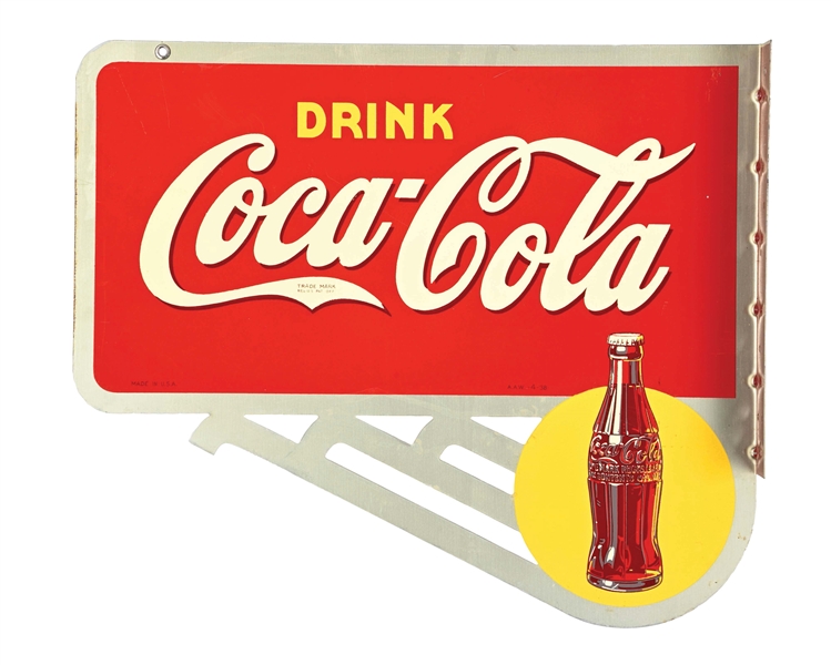 DRINK COCA-COLA DOUBLE SIDED FLANGE SIGN W/ SUN SPOT AND BOTTLE GRAPHIC.