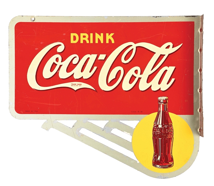 DRINK COCA-COLA DOUBLE-SIDED TIN FLANGE SIGN W/ BOTTLE GRAPHIC.