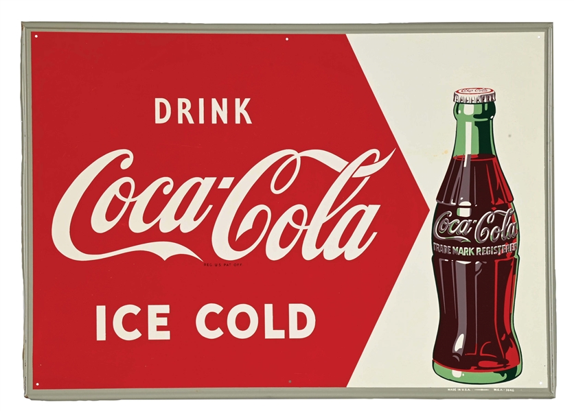 DRINK COCA-COLA ICE COLD SELF-FRAMED TIN  SIGN W/ BOTTLE GRAPHIC.