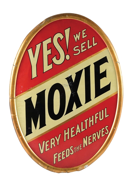 "YES! WE SELL" MOXIE SELF-FRAMED CONVEXED TIN SIGN.