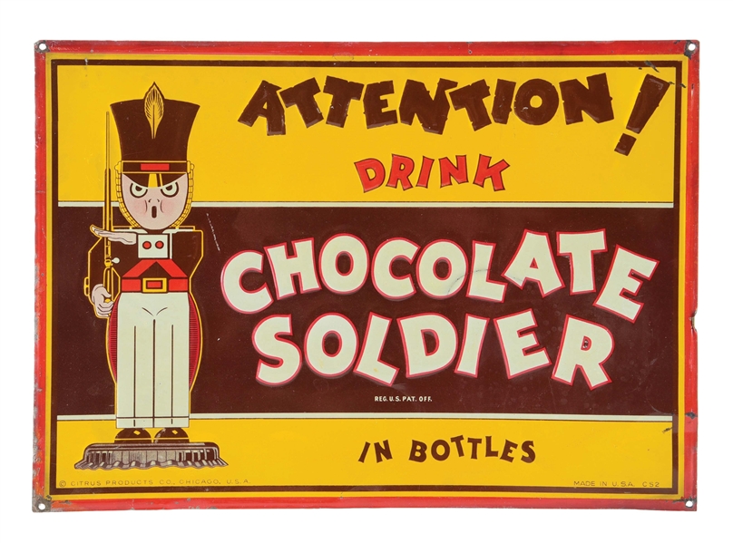 DRINK CHOCOLATE SOLDIER EMBOSSED TIN SIGN W/ SOLDIER GRAPHIC.
