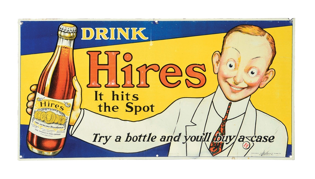 DRINK HIRES ROOT BEER EMBOSSED TIN SIGN W/ JOSH SLINGER GRAPHIC.