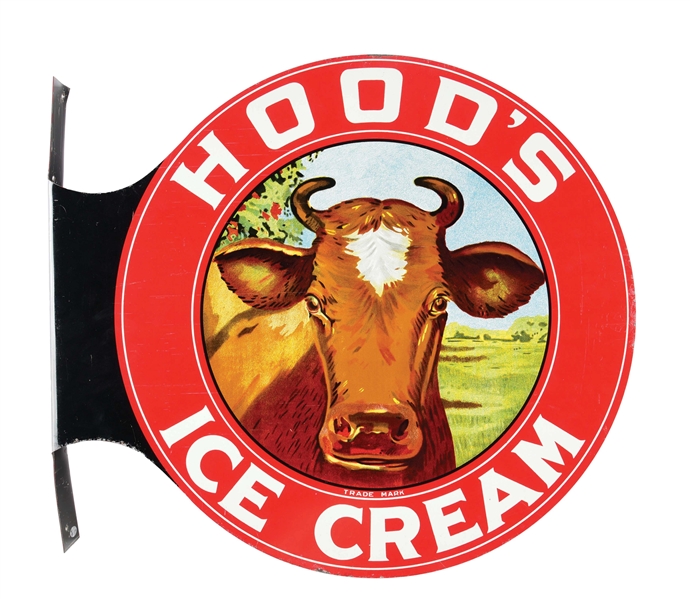 HOOD ICE CREAM TIN FLANGE SIGN W/ COW GRAPHIC.