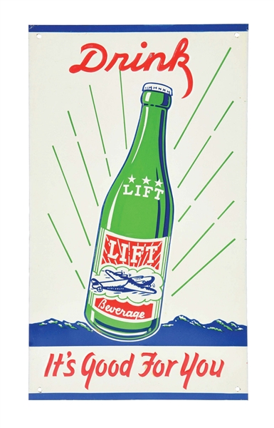 LIFT BEVERAGES TIN SIGN W/ AIRPLANE AND BOTTLE GRAPHIC.