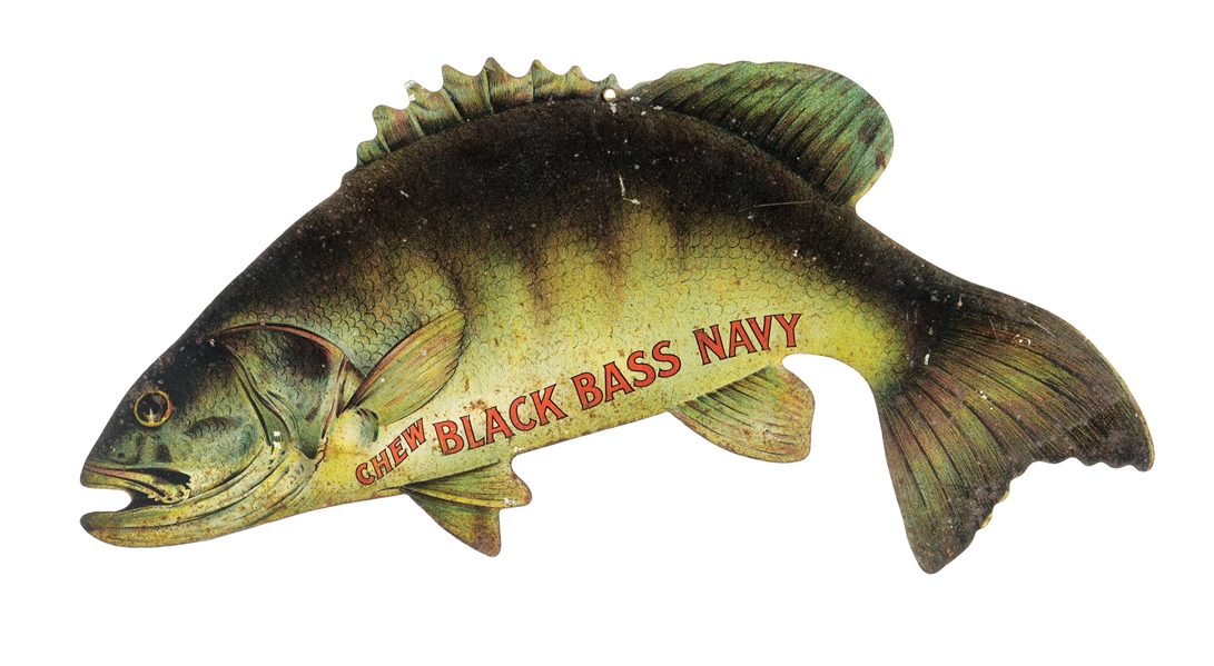 CHEW BLACK BASS NAVY TOBACCO TIN SIGN W/ FISH GRAPHIC.