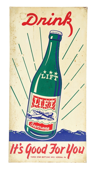 LIFT BEVERAGES TIN SIGN W/ AIRPLANE GRAPHIC.