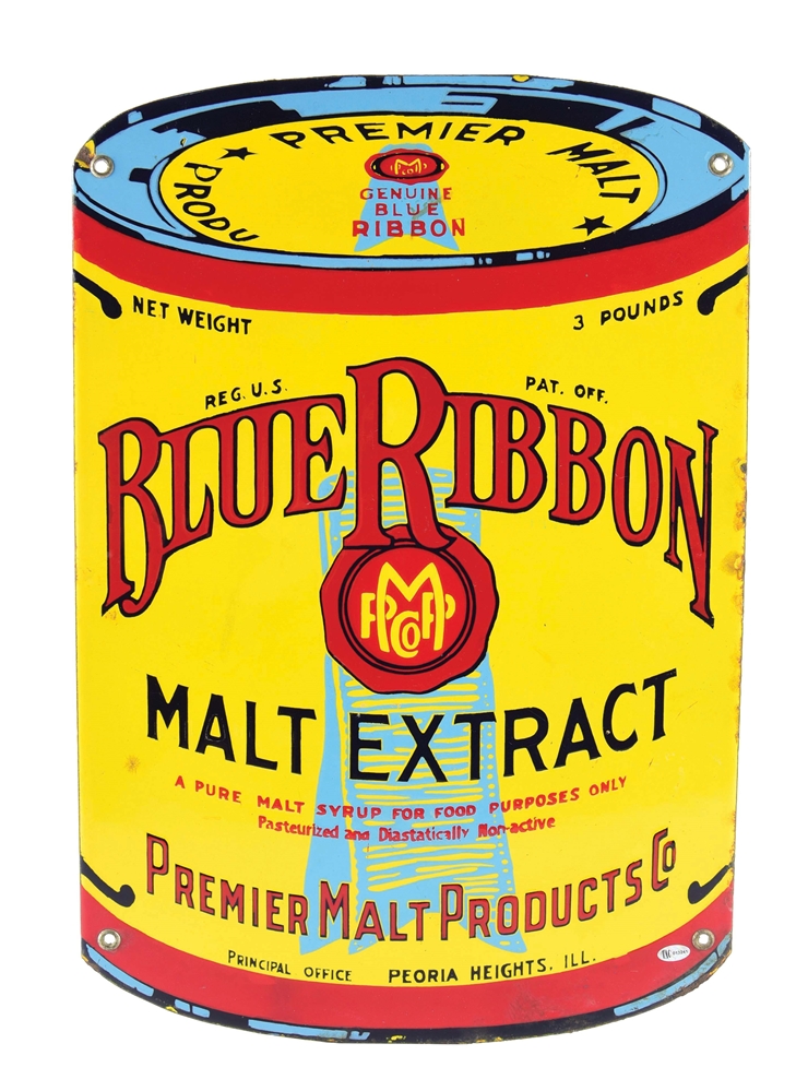PORCELAIN BLUE RIBBON MALT EXTRACT SIGN.