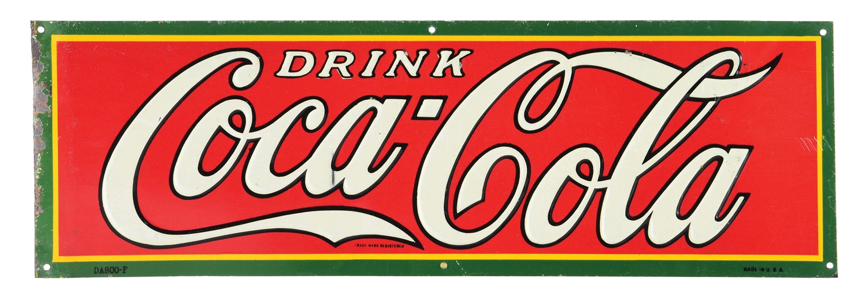 DRINK COCA-COLA SINGLE-SIDED EMBOSSED TIN STRIP SIGN.
