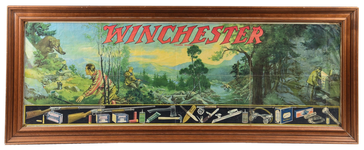 EXCELLENT WINCHESTER LITHOGRAPH BANNER W/ HUNTING GRAPHICS.