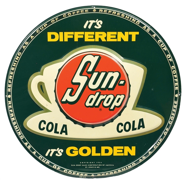 "ITS DIFFERENT.. ITS GOLDEN" SUN DROP COLA SELF-FRAMED EMBOSSED TIN SIGN.