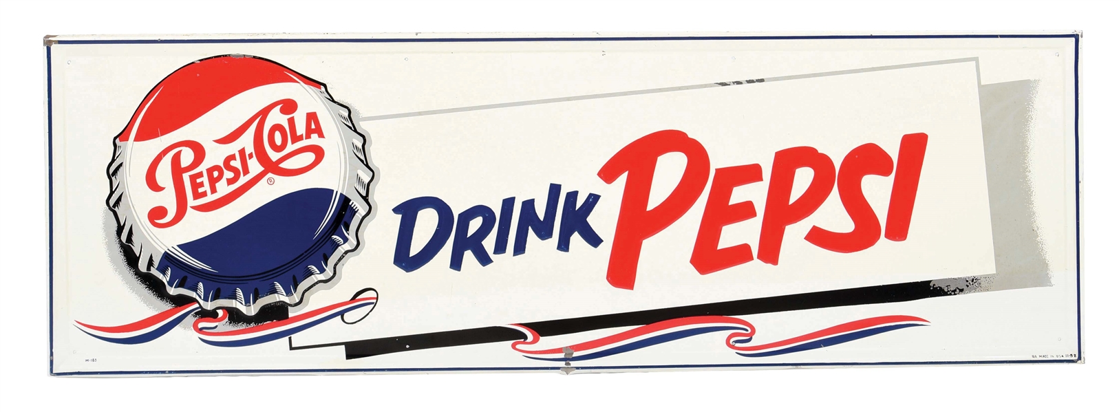 "DRINK PEPSI" SELF-FRAMED EMBOSSED TIN SIGN W/ BOTTLECAP GRAPHIC.