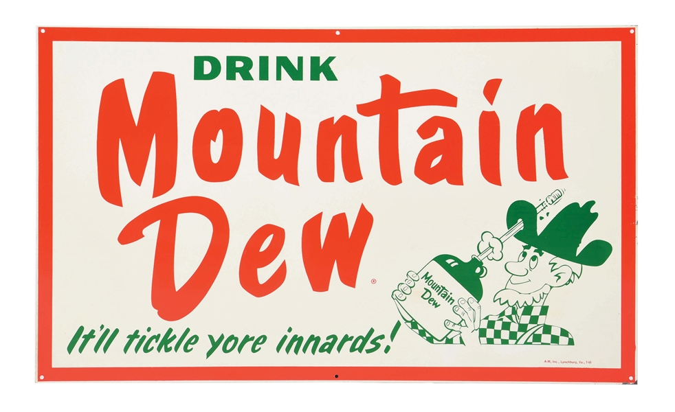 "DRINK MOUNTAIN DEW" PAINTED METAL SIGN W/ HILLBILLY GRAPHIC.