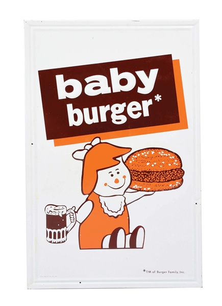 A&W ROOT BEER "BABY BURGER" SELF-FRAMED EMBOSSED TIN SIGN W/ ORIGINAL WOOD BACKING.