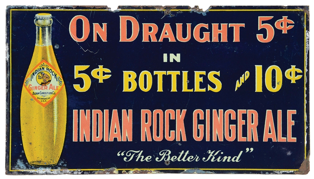 INDIAN ROCK GINGER ALE TIN SIGN W/ DOUBLE BOTTLE GRAPHIC.