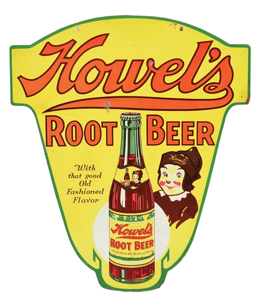 HOWELS ROOT BEER DOUBLE-SIDED DIE-CUT TIN SIGN W/ BOTTLE GRAPHIC.